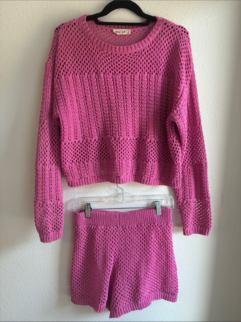 Open-Knit Crewneck Sweater and Matching Shorts Set - Hot Pink